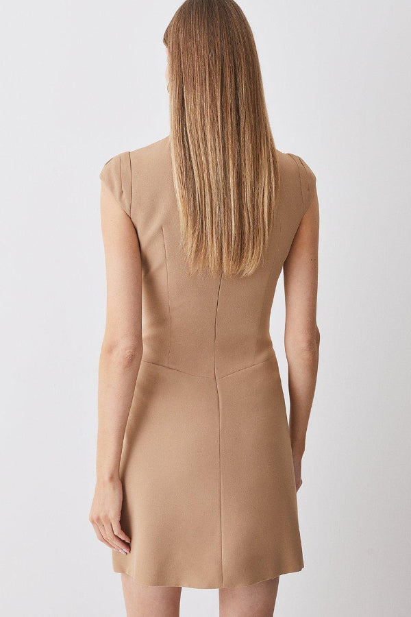 Ariana® | Military-style mini dress with cap sleeves, stand-up collar and patchwork pleated hem