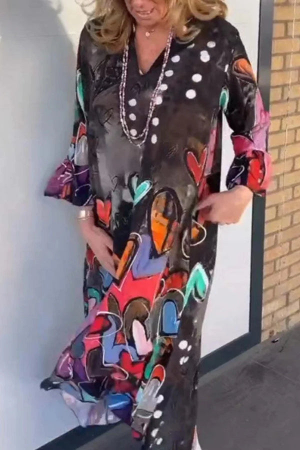 Dolores® | Casual printed basic dresses with a V-neck and long sleeves