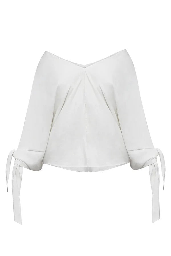 Edith® | Joyful Bond Linen Blend V-neck Knotted Cuff Half Sleeve Loose Top