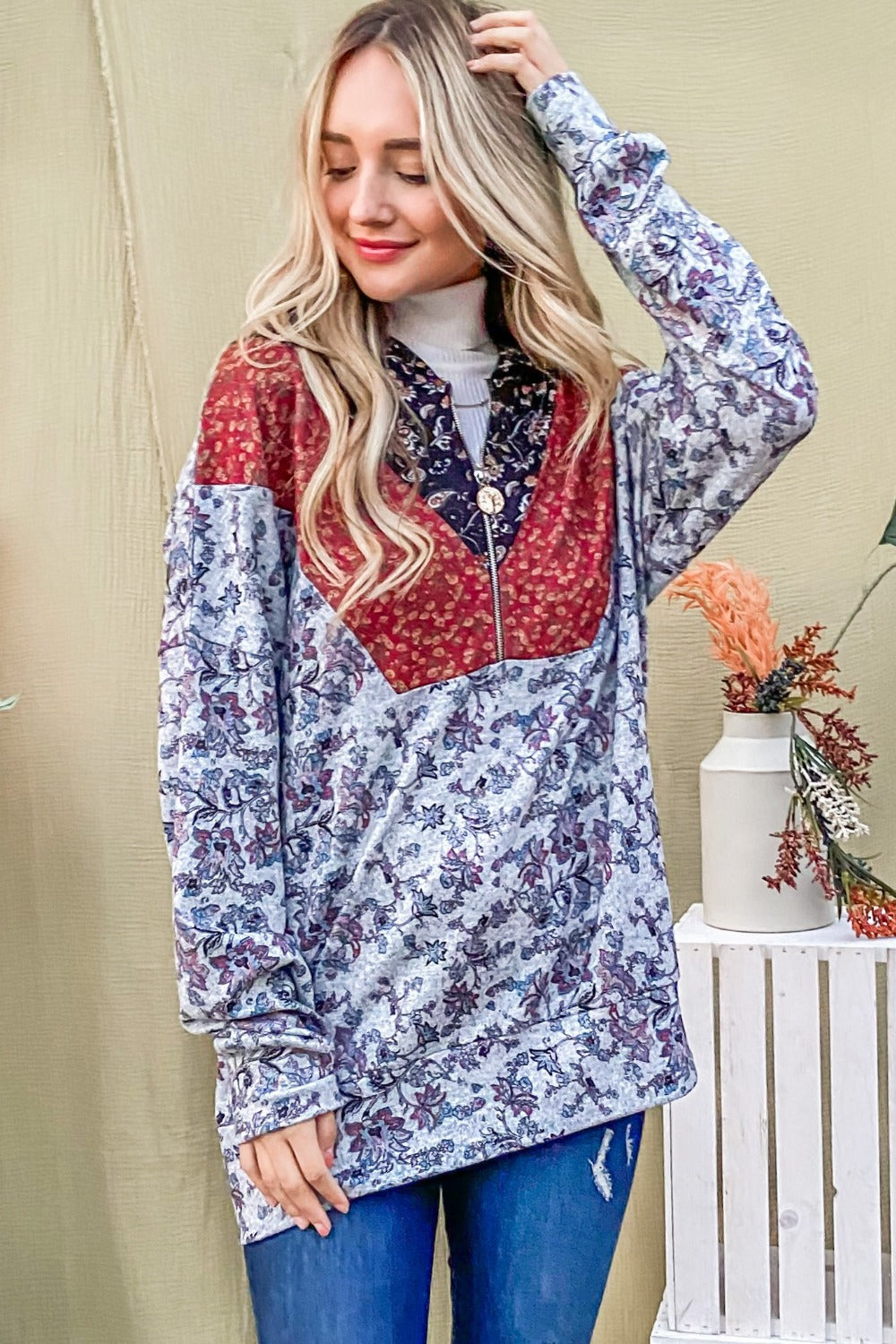 Elfriede® | And The Why printed long sleeve half zip hoodie