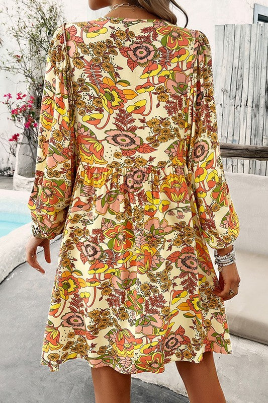 Elisa® | Women's floral print V-neck puff sleeve mini dress