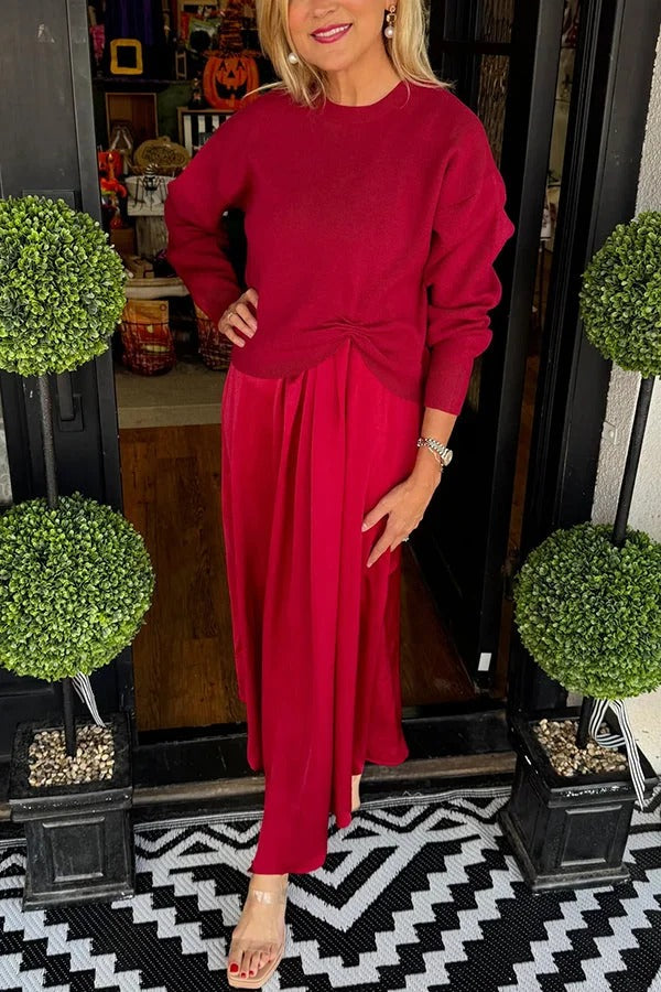 Alba® | Practical Fashion Knit Ruched Sweater and Satin Stretch Tank Midi Dress Two-piece Set