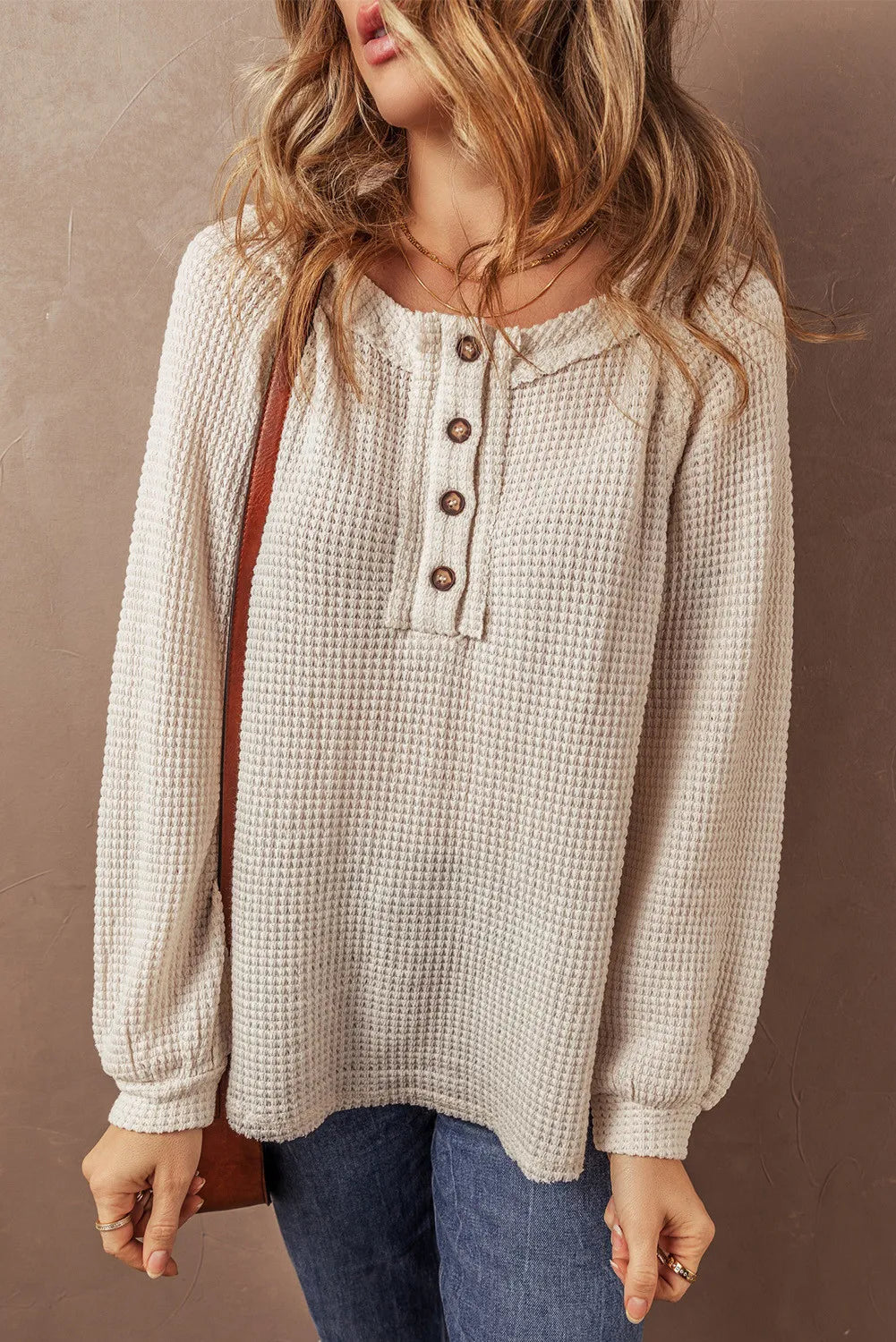 Alina® | Half button waffle knit crew neck top