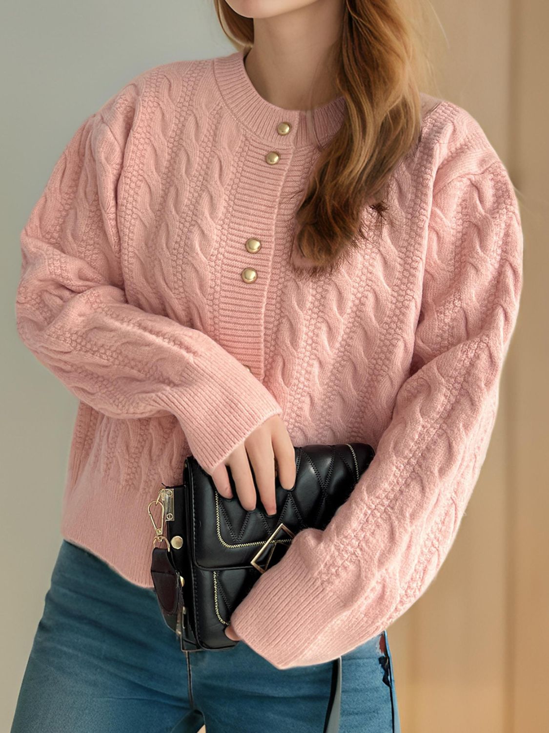 Cristina® | Cable knit cardigan with a crew neck and long sleeves