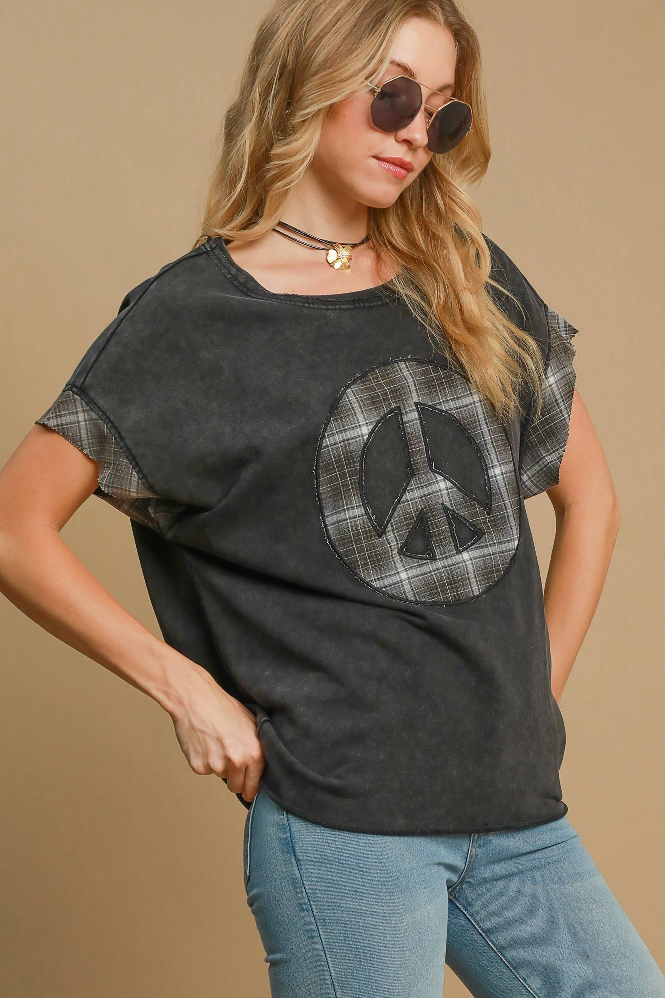 Antonia® | French terry top with peace appliqué and crew neck