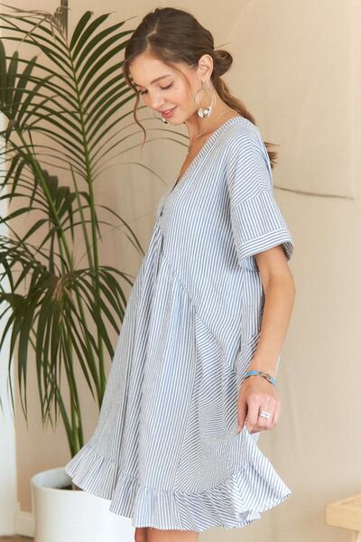 Clarisa® | Striped babydoll dress with ruffle hem and V-neck