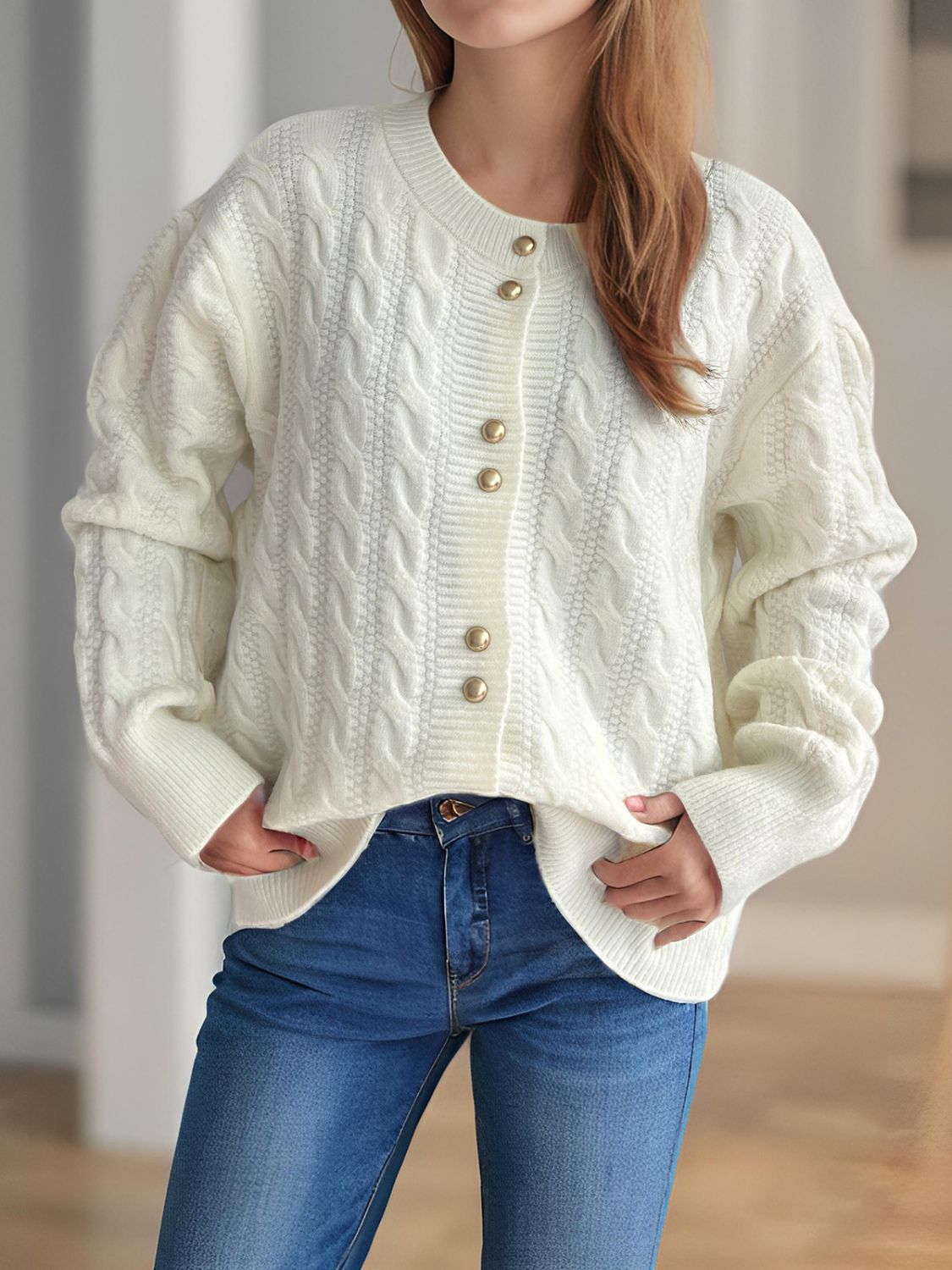 Cristina® | Cable knit cardigan with a crew neck and long sleeves