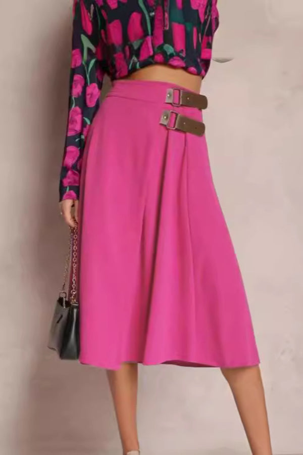 Angelica® | Solid color fashion skirt with leather stitching, elegant and artistic retro skirt for women