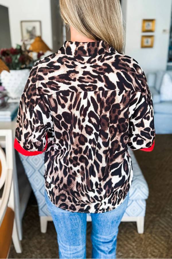 Athena® | Dark brown leopard print patchwork shirt