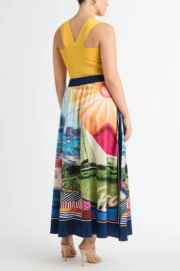 Carmen® | Seaside knotted shawl top and loose satin maxi skirt set with unique print