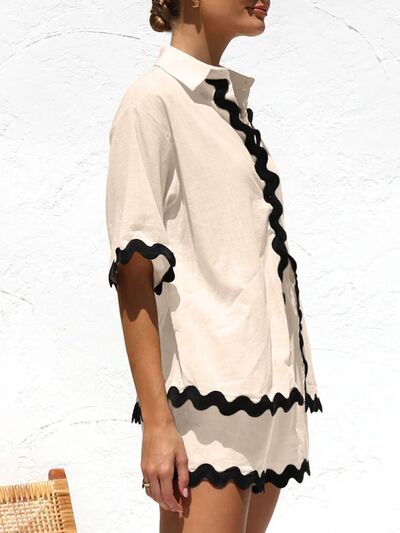 Azucena® | Set of top and shorts with contrast trim and half-length sleeves