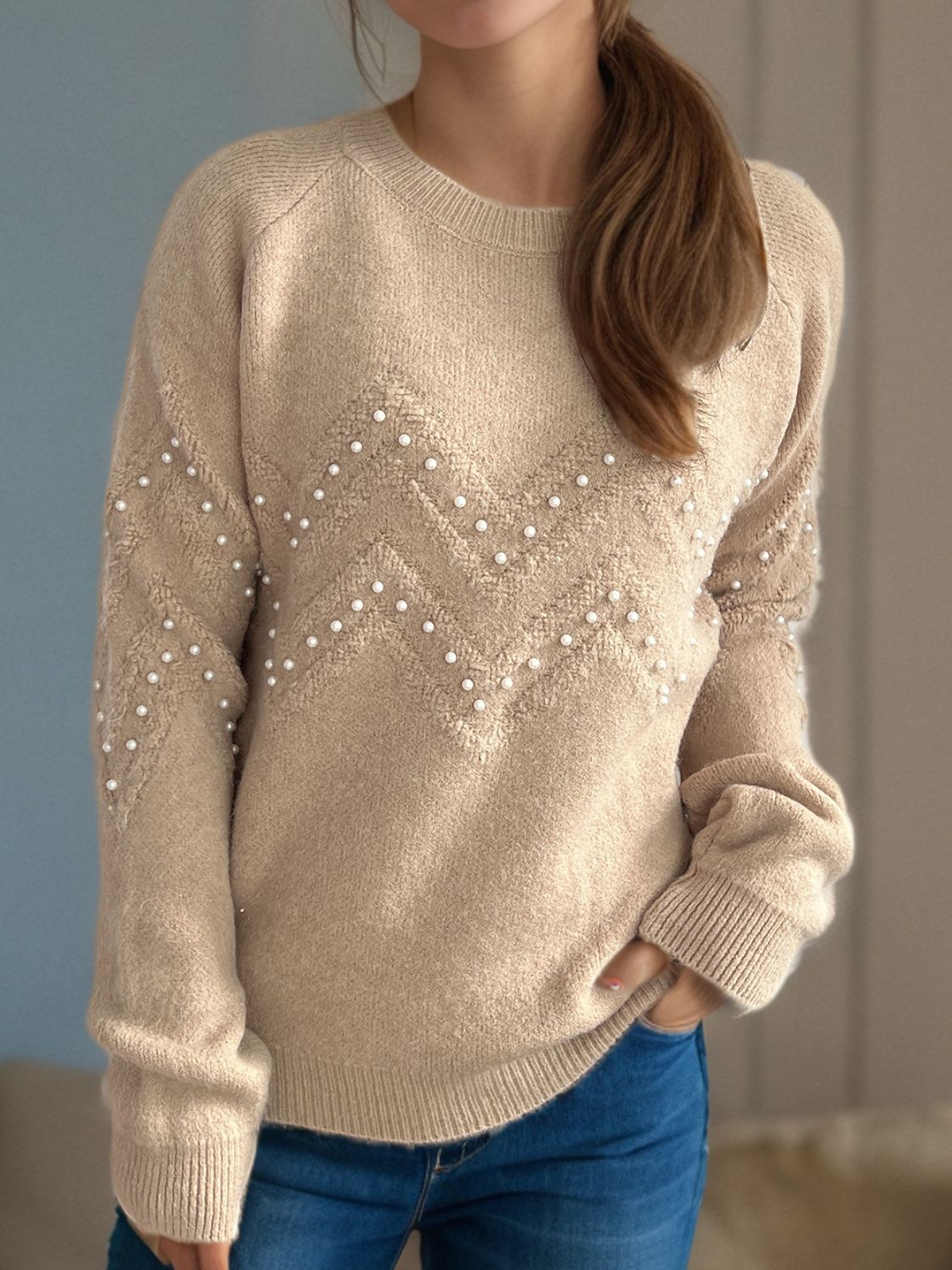 Concepcion® | Round neck sweater with raglan sleeves and pearl trim