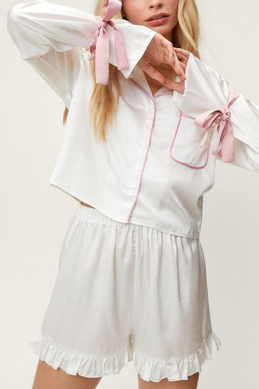 Cora® | Basic lounge set from bae lounge set with tied cuffs, collar collar and ruffle shorts