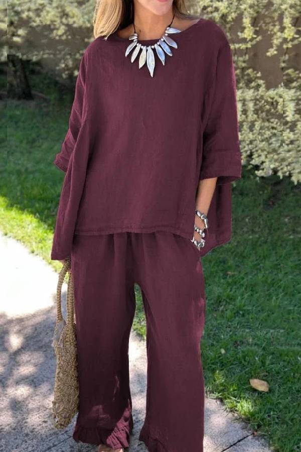 Claudia® | Casual solid color loose cotton linen top and pants two piece set