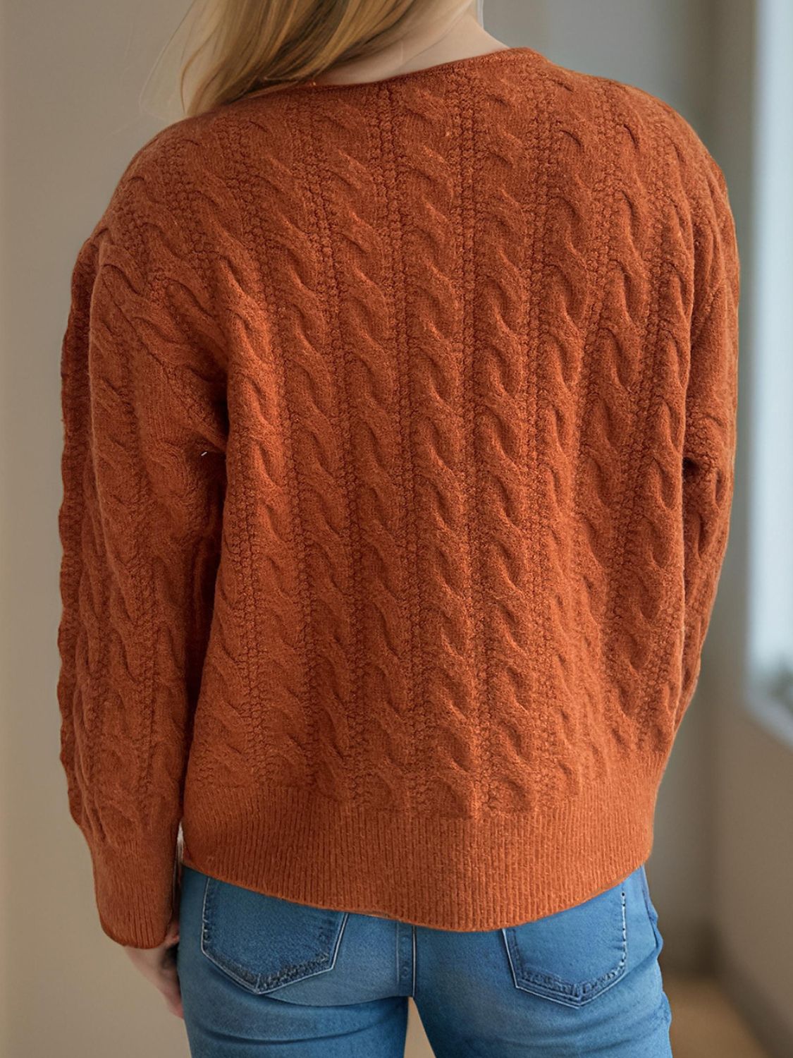 Cristina® | Cable knit cardigan with a crew neck and long sleeves