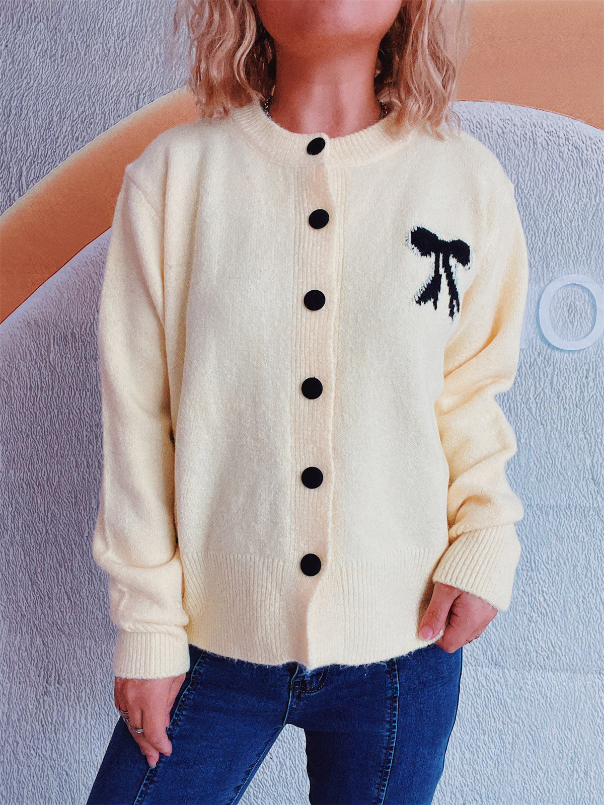 Beate® | Long-sleeved cardigan with bow and round neckline and buttons