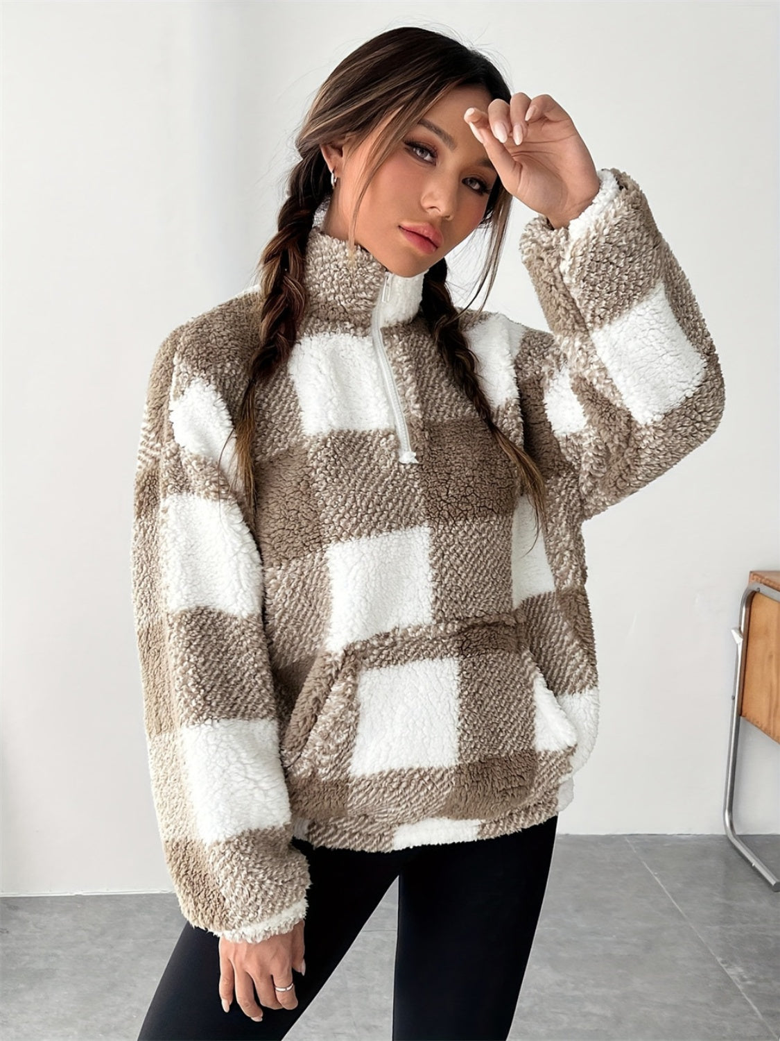 Brigitte® | Checked half zip long sleeve teddy sweatshirt