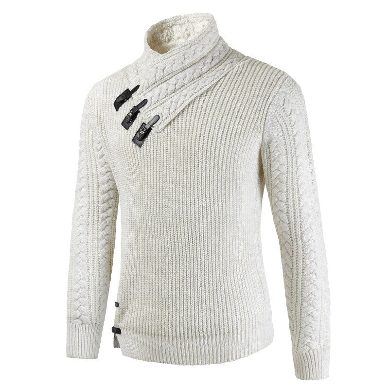 Men’s Pullover Sweater – Slim Fit – Wool Blend – Asymmetric Neckline – Buckle Detail