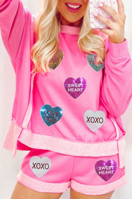 Amara® | Set of top and shorts with sequin heart and crew neck