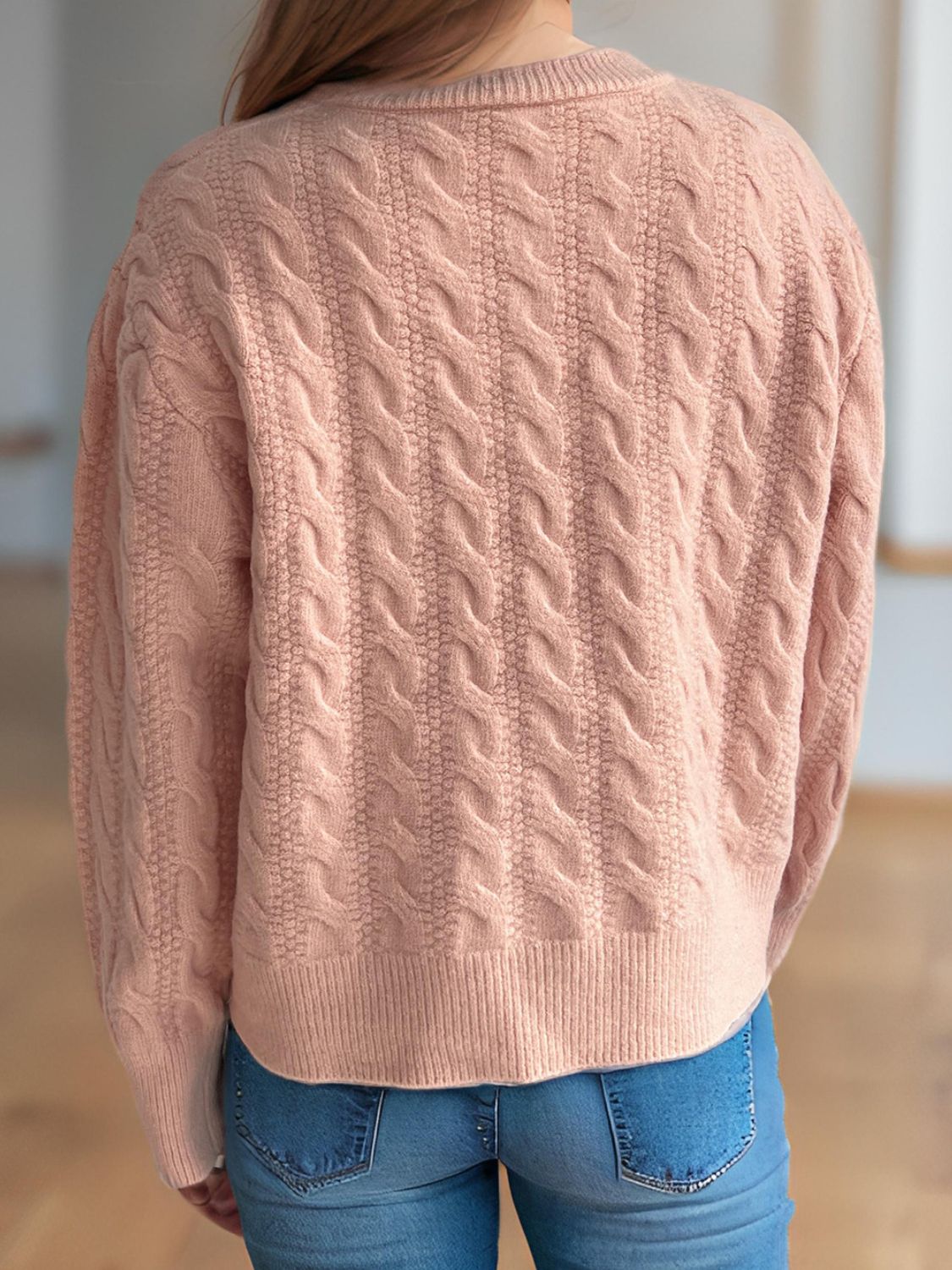 Cristina® | Cable knit cardigan with a crew neck and long sleeves