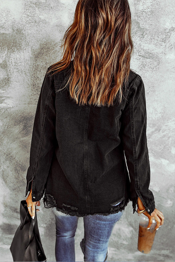 Clara® | Casual Ripped Raw Hem Button Up Denim Shacket