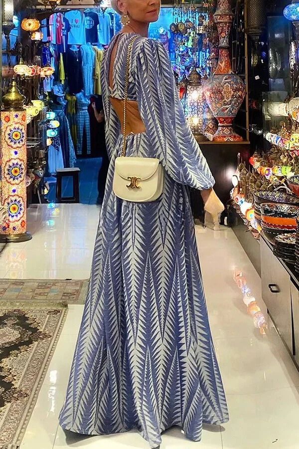 Daniela® | Backless maxi dress with geometric print, cutout elastic waistband