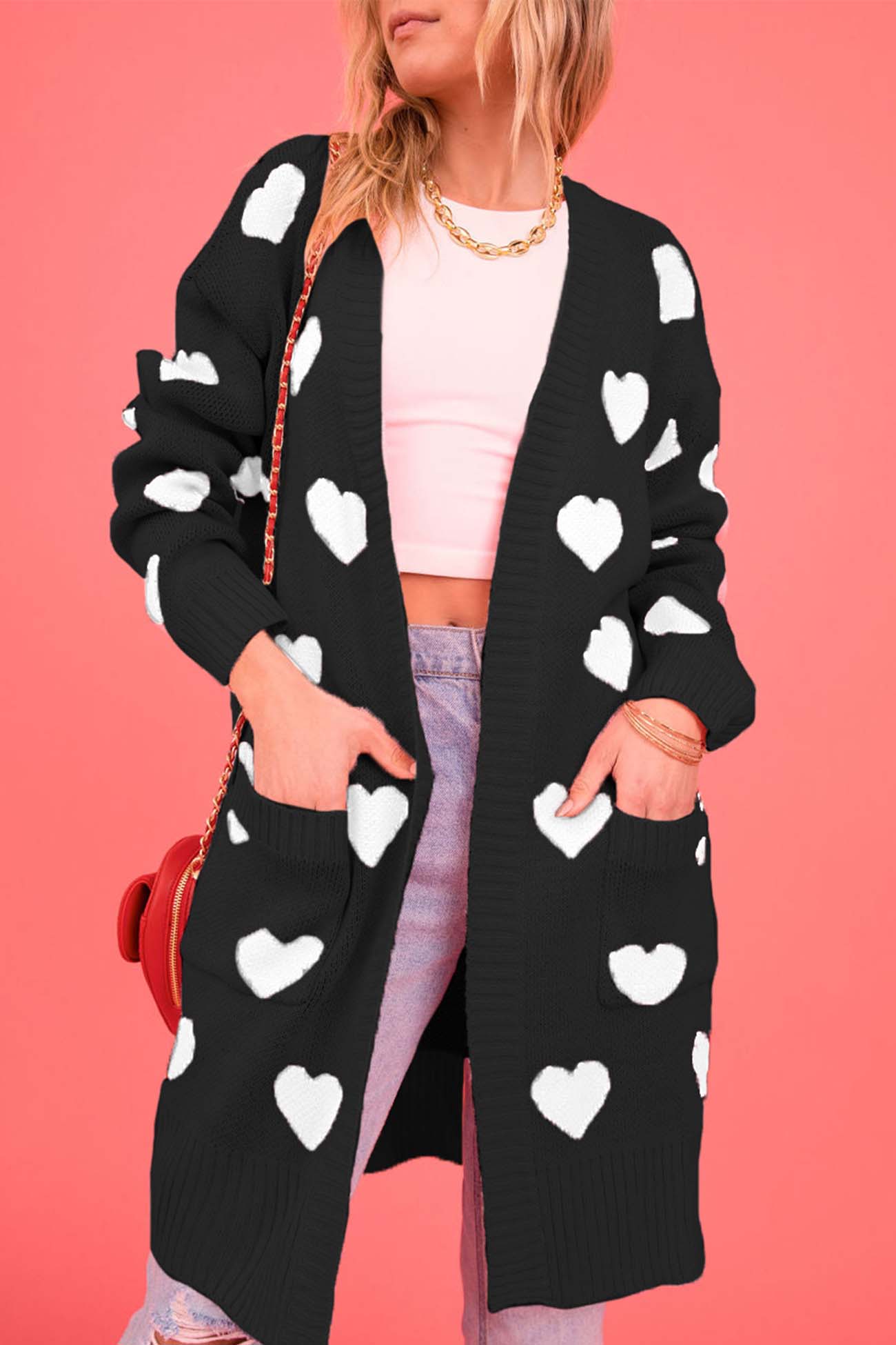 Berta® | Heart Open Front Pocket Long Cardigan