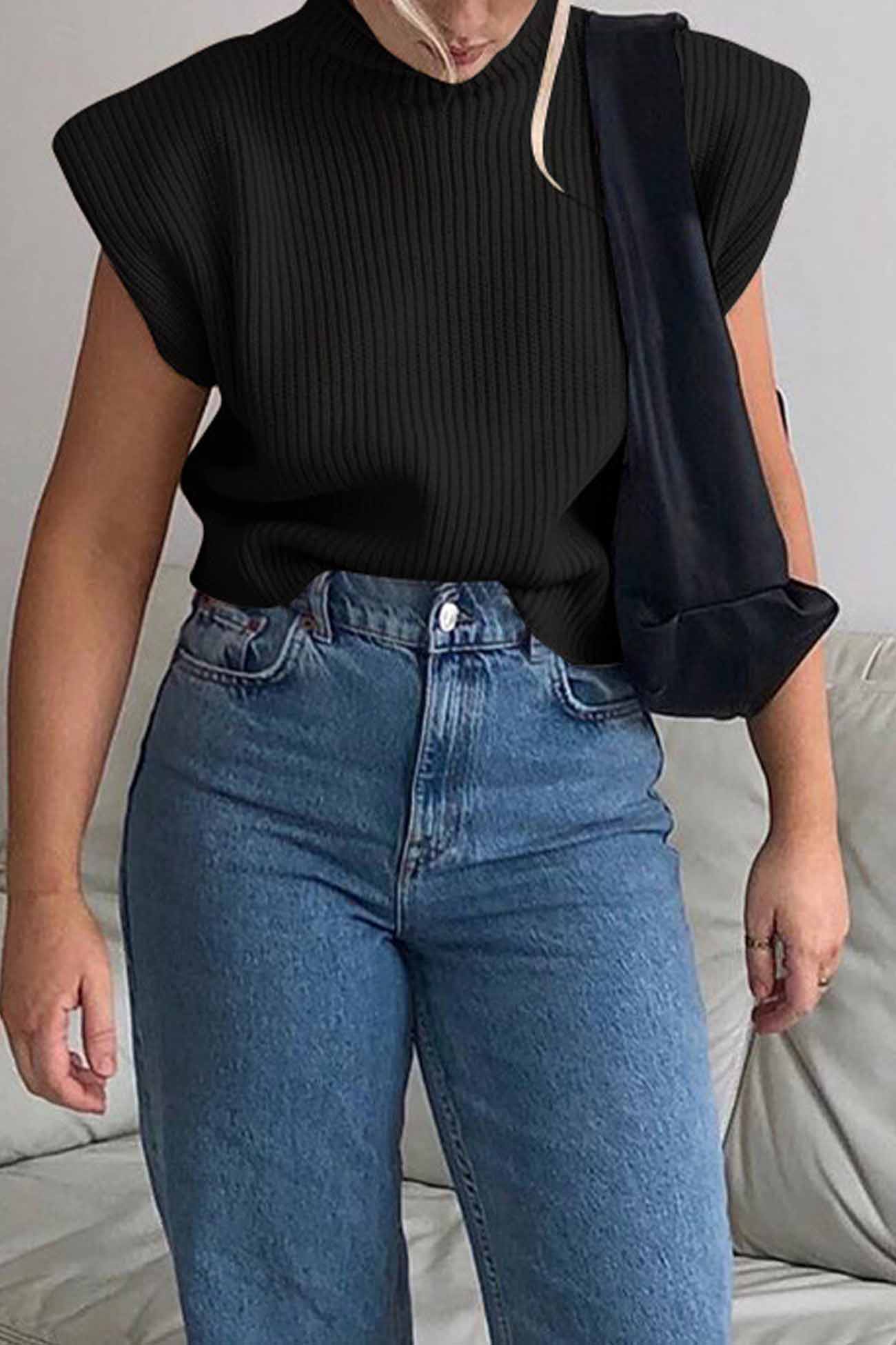 Cristina® | Solid Mock Neck Sleeveless Sweater