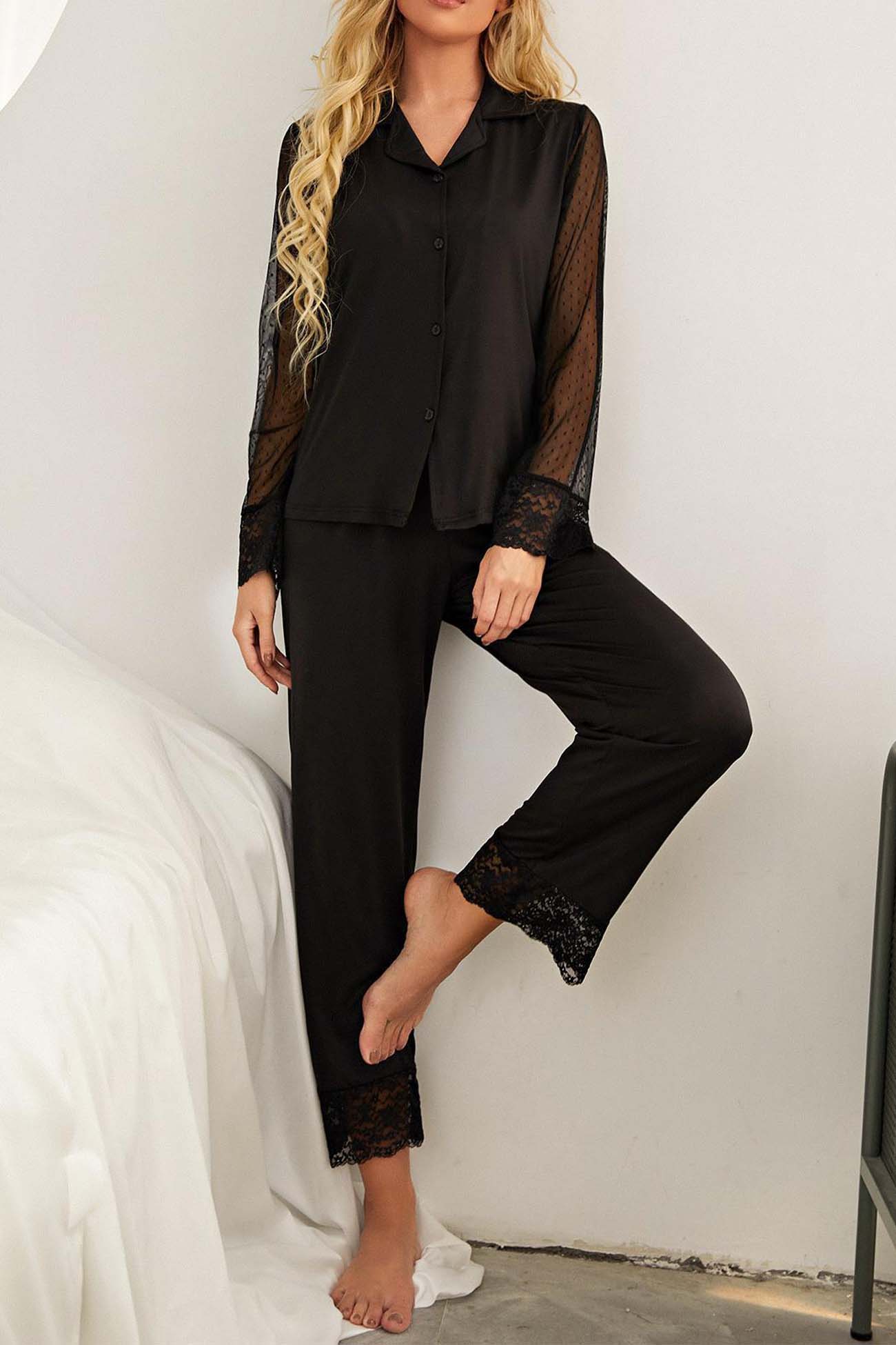 Annabelle® | Mesh lace long sleeve pajama set
