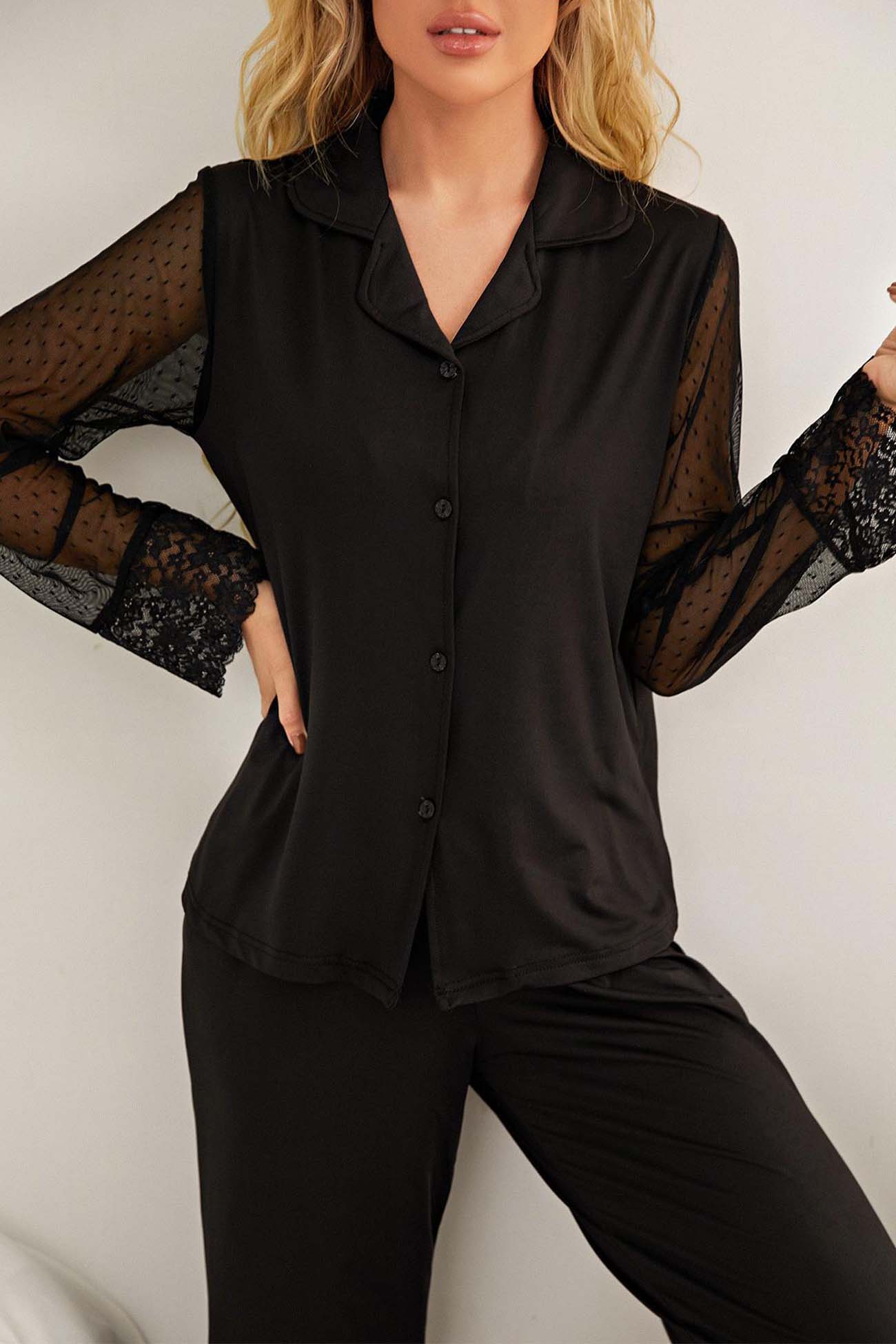 Annabelle® | Mesh lace long sleeve pajama set