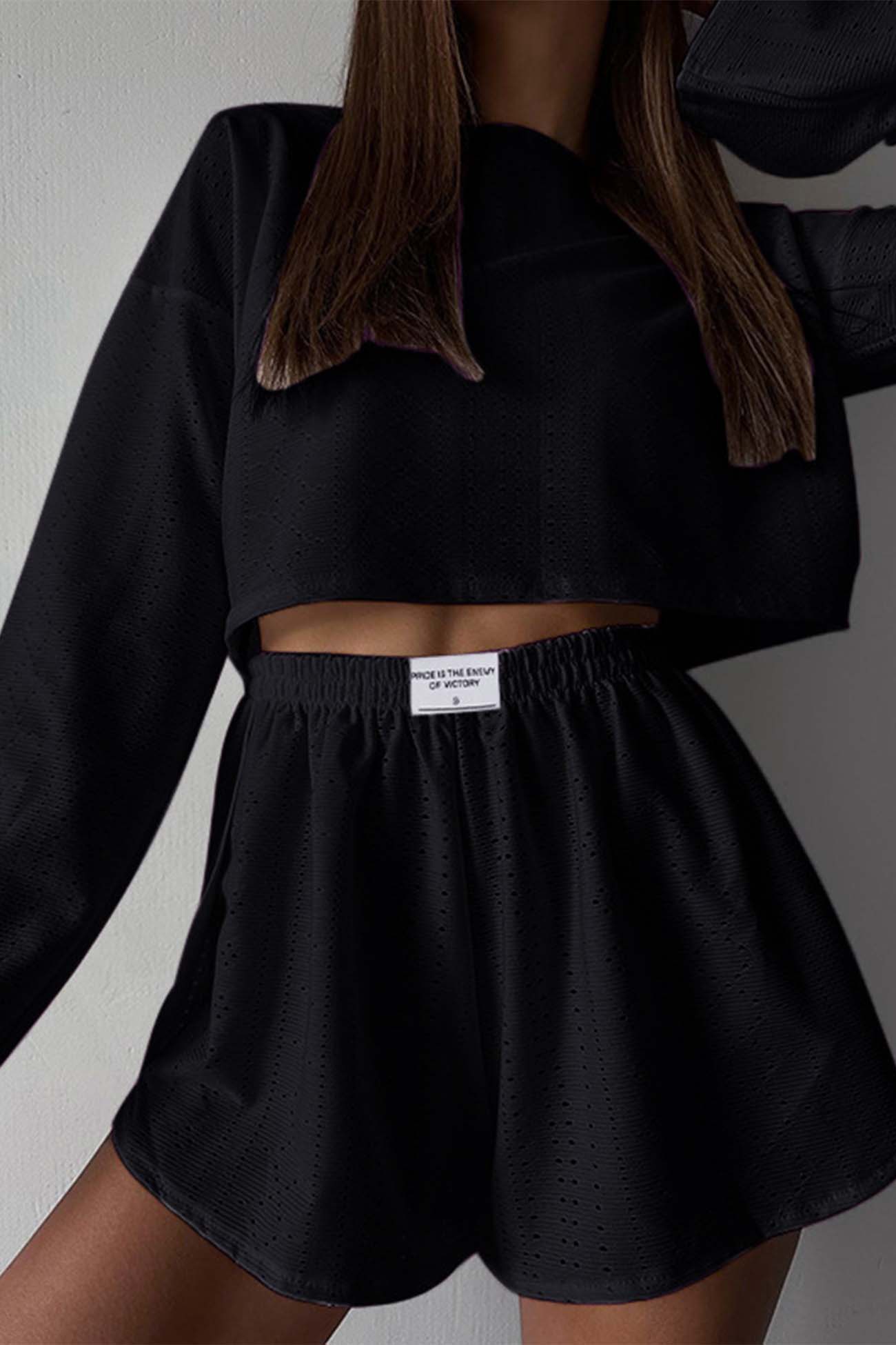Brigitta® | Two piece set with hollow long sleeve shorts and slits
