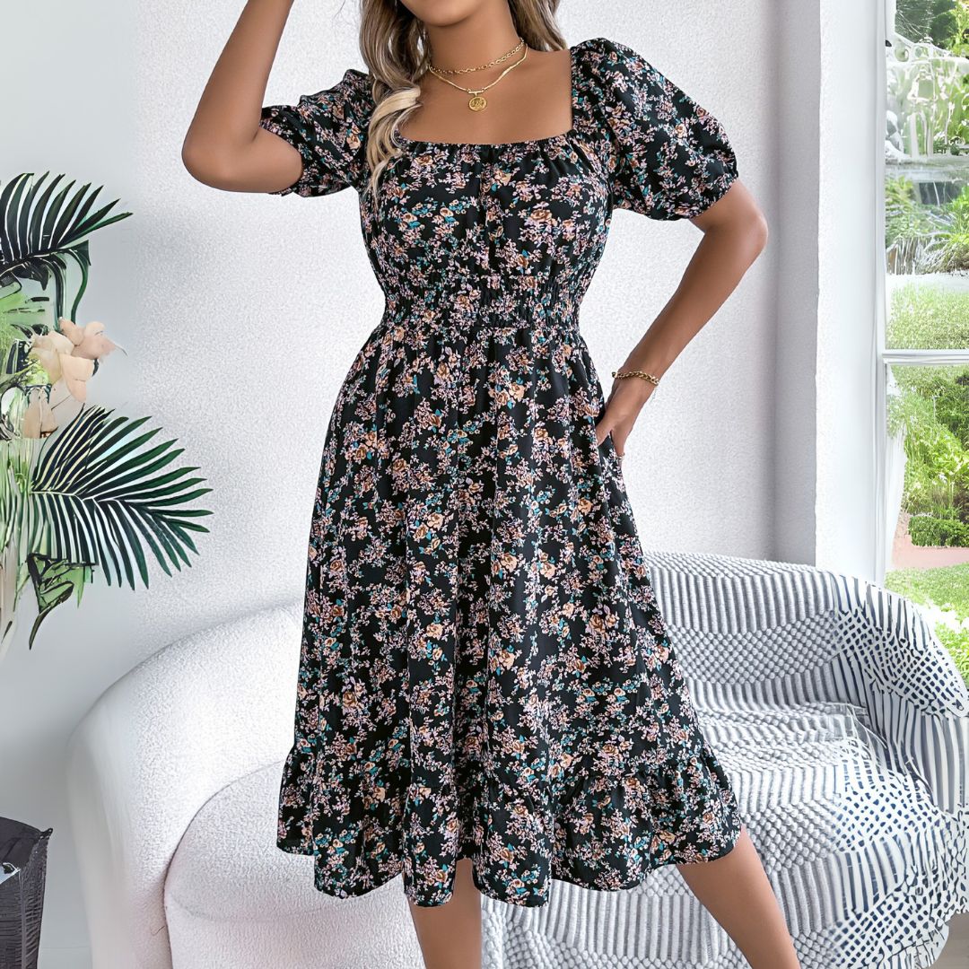 Vestea | Elegant Floral Midi Dress with Puff Sleeves