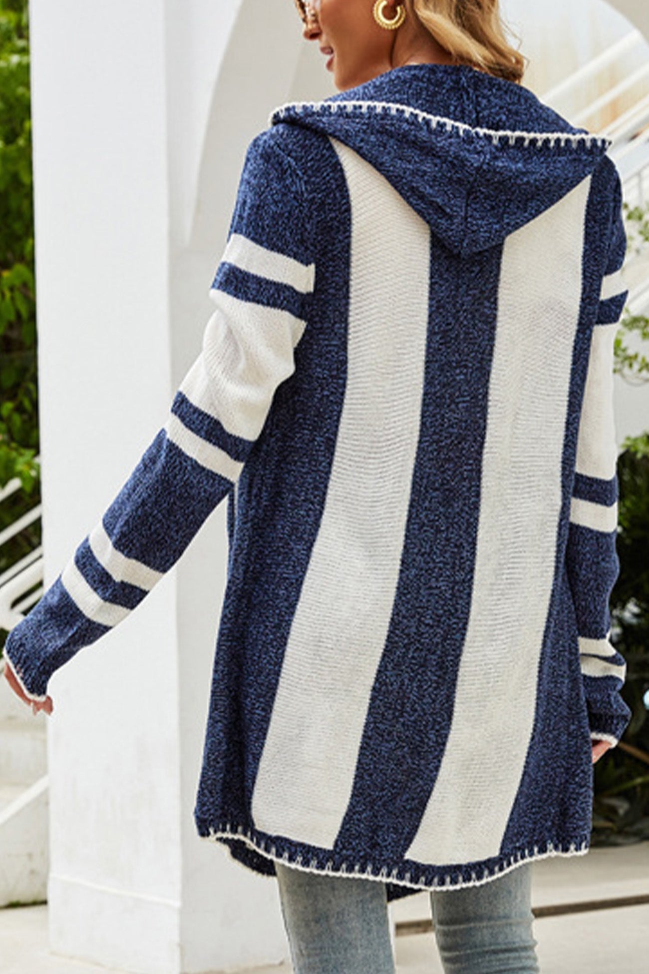 Carolin® | Striped contrast irregular mid-length hooded cardigan