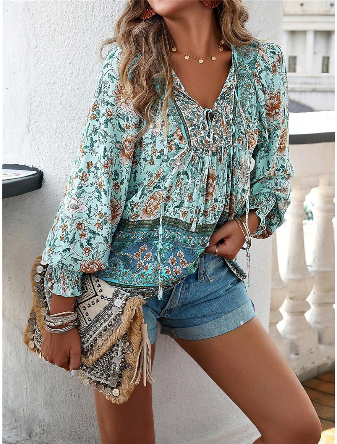 Belinda® | Boho Floral Lace-Up Shirt For Summer