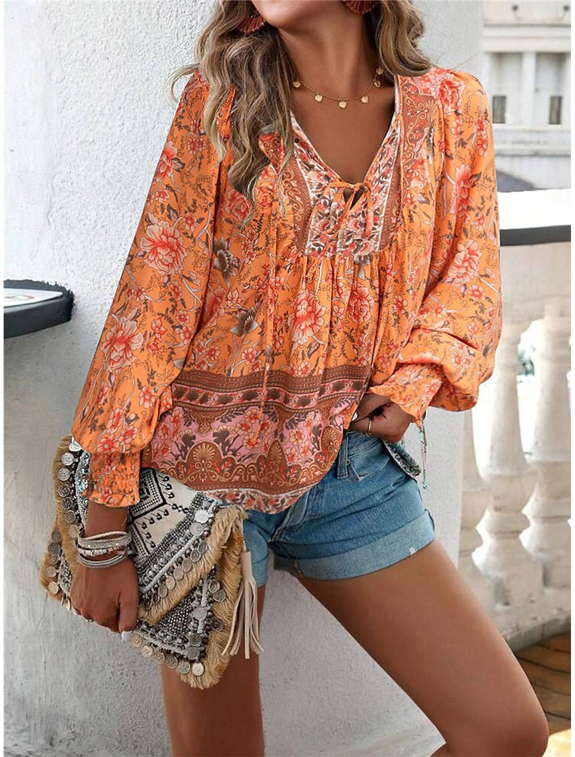 Belinda® | Boho Floral Lace-Up Shirt For Summer