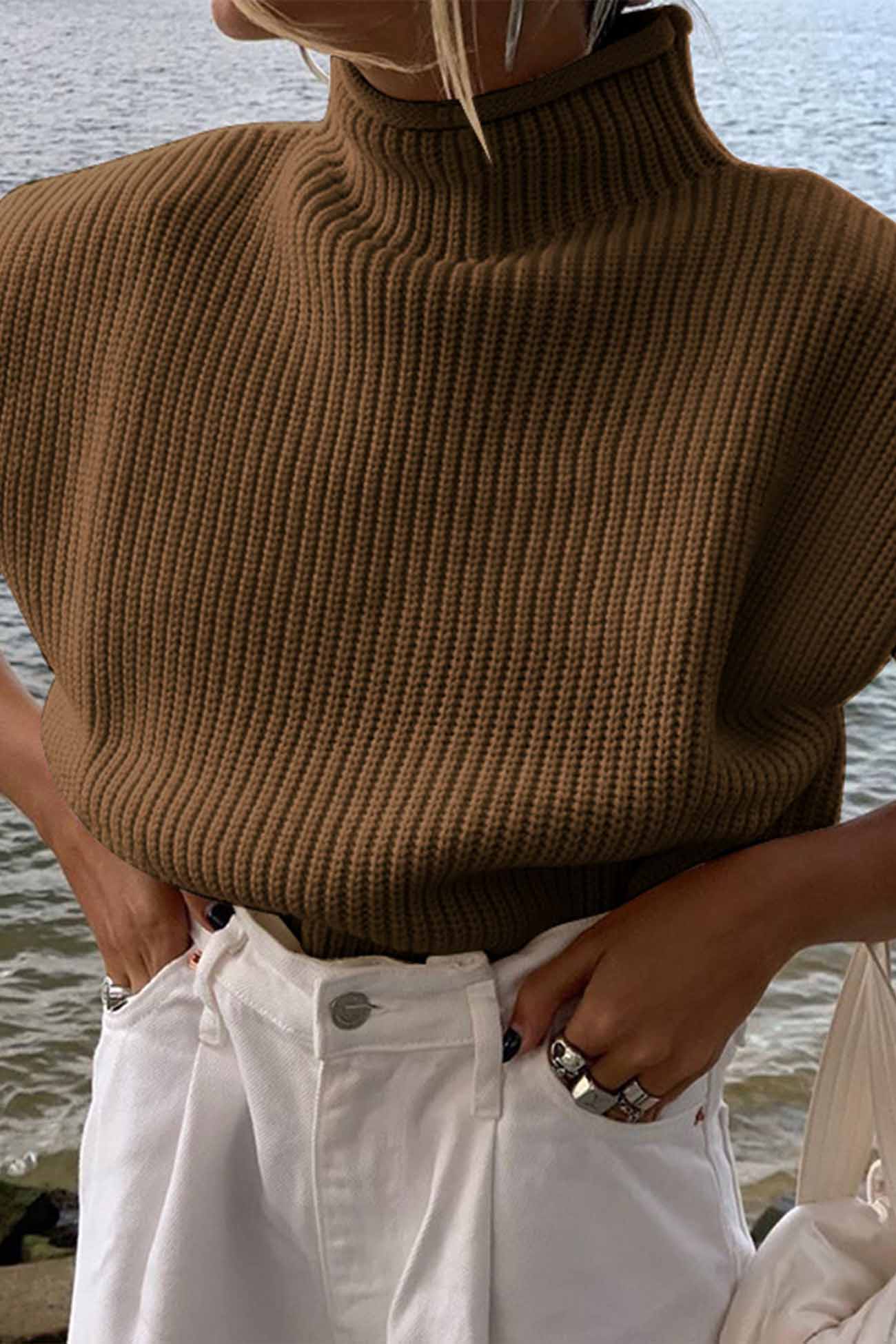 Cristina® | Solid Mock Neck Sleeveless Sweater