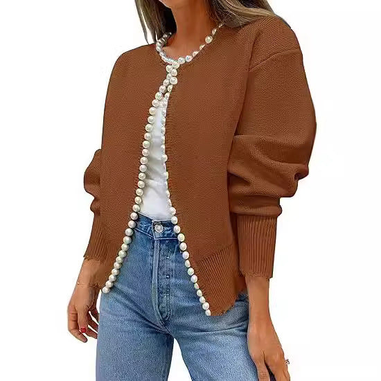 Women’s Cardigan – Knit Fabric – Relaxed Fit – Pearl Trim – Distressed Hem – Open Front