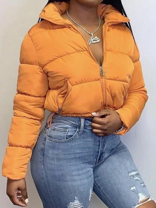 Women’s Puffer Jacket – Cropped Fit – Glossy Quilted Finish – Padded High Collar