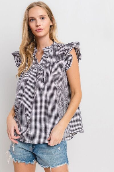 Bianca® | Checked notched ruffle cap sleeve blouse