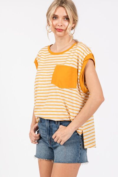 Elena® | Striped T-shirt with cap sleeves and side slit