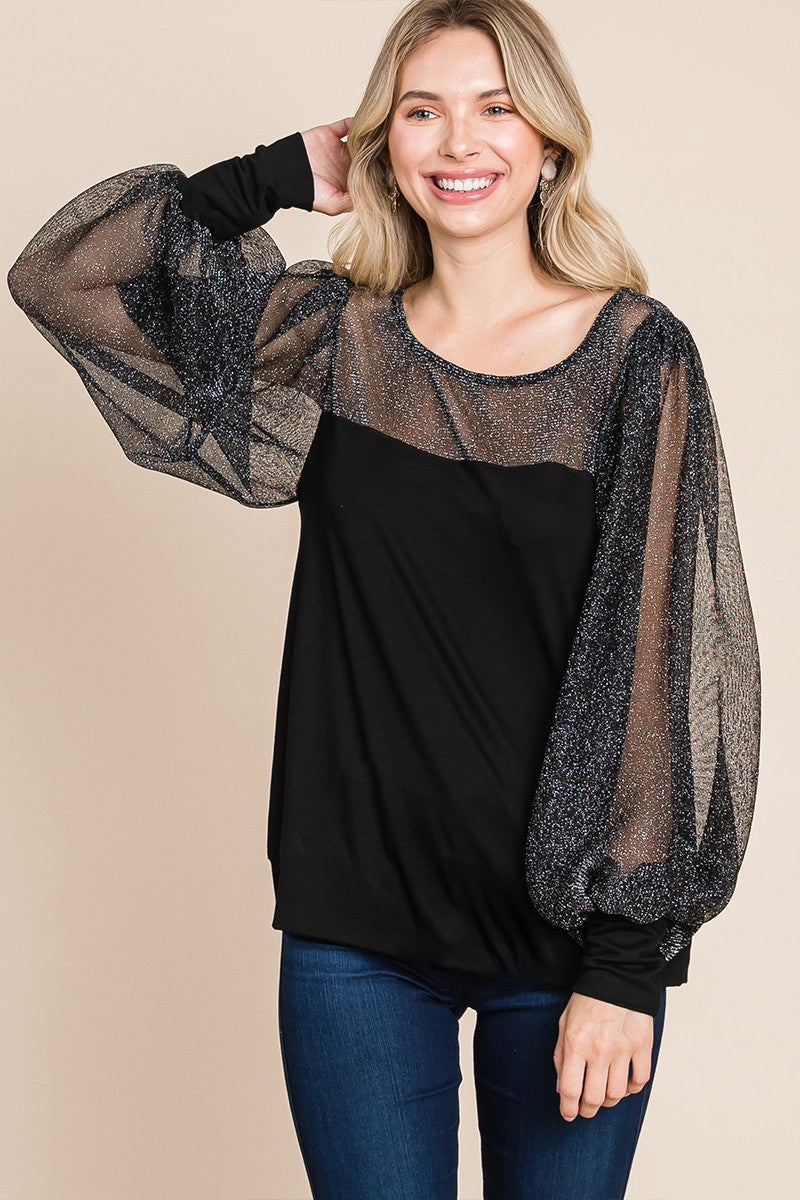 Catalina® | Super lady full size metallic mesh lantern sleeve blouse