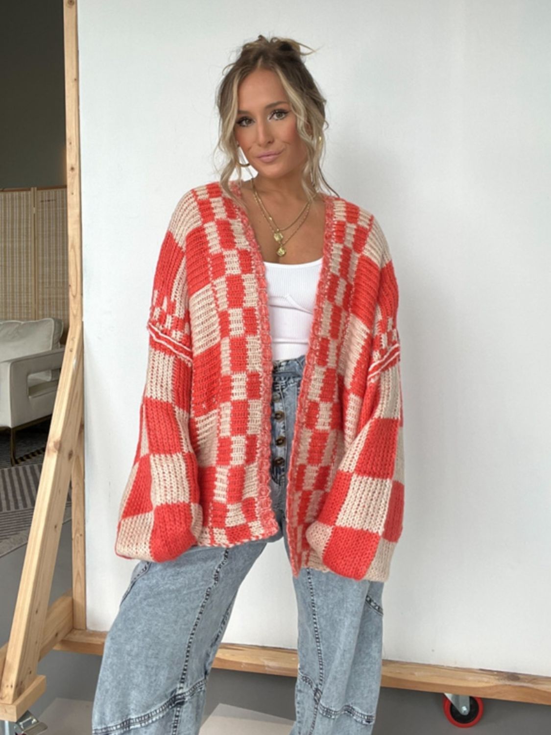 Celia® | Checked open front long sleeve cardigan