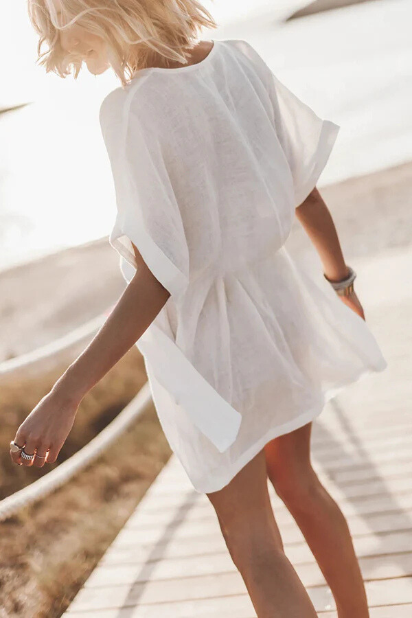Alba® | Cotton-linen blend kimono mini dress with pockets and belt