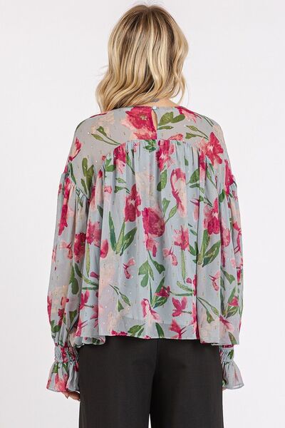 Cristina® | Floral blouse with flounced sleeves and a round neckline