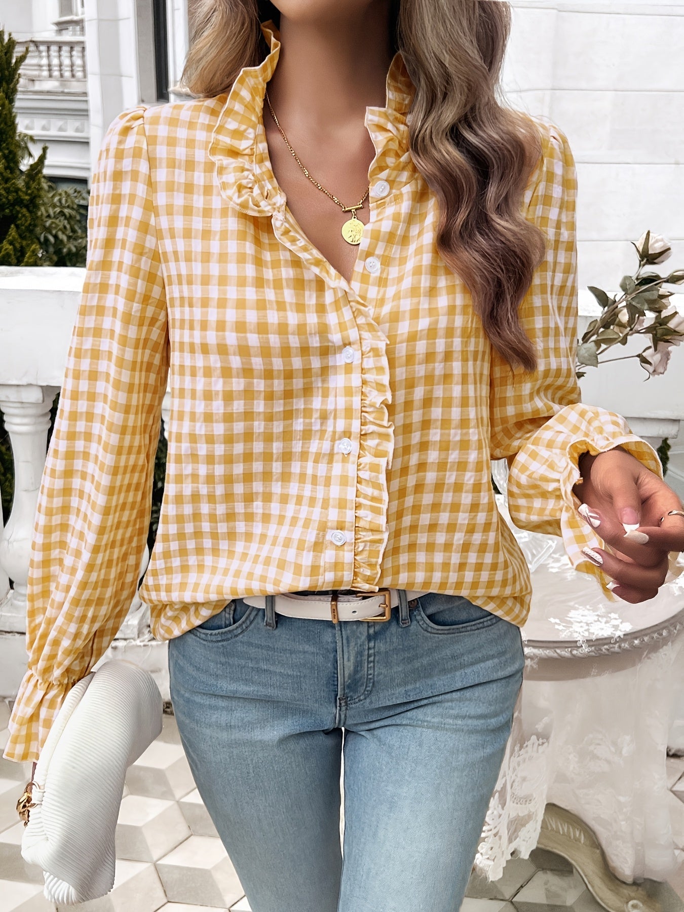 Brelynn® | Elegant Checked Ruffle Blouse With Long Sleeves For Women