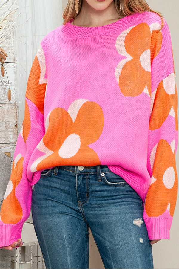 Brenda® | Pink & Orange Floral Cable Knitted Sweater