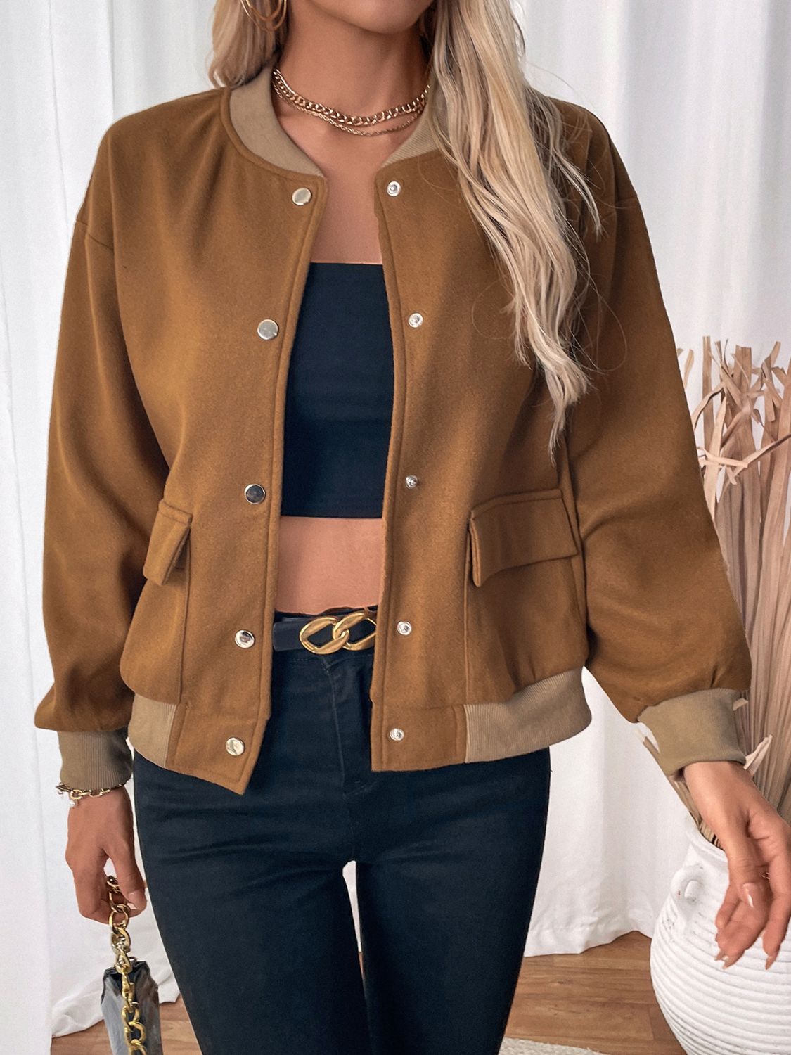 Araceli® | Perfee Baseball Collar Snap Down Long Sleeve Jacket