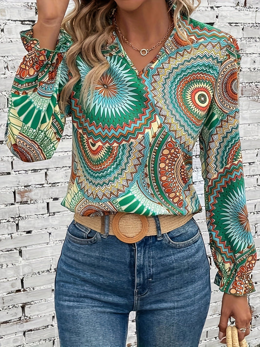 Brendon® | Floral Pattern V-Neck Blouse For Spring/Autumn