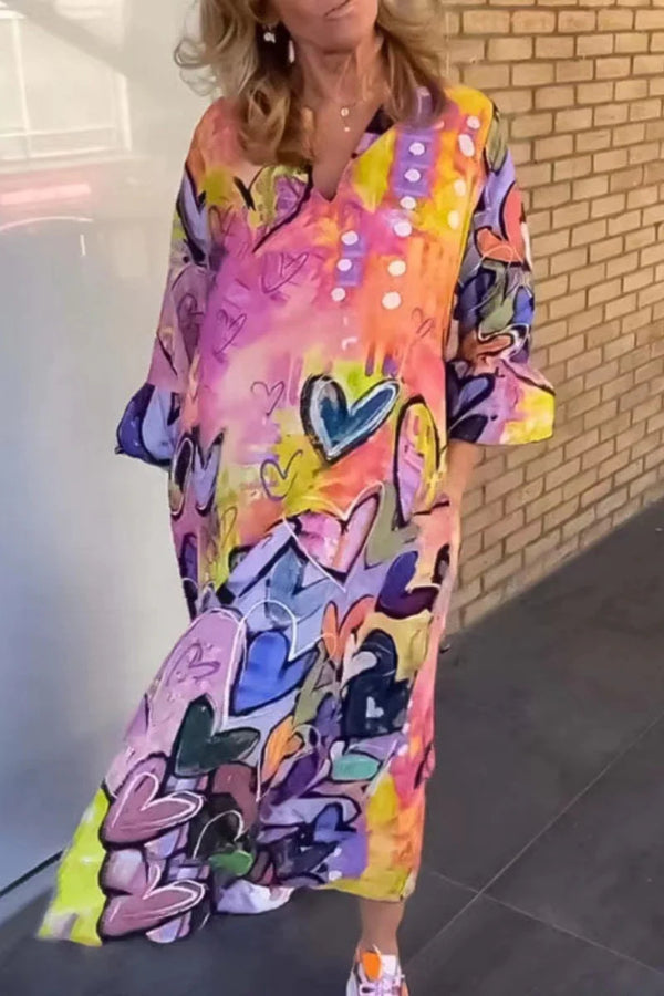 Dolores® | Casual printed basic dresses with a V-neck and long sleeves