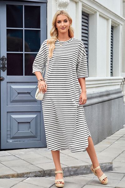 Cora® | Contrast striped midi t-shirt dress with half sleeves